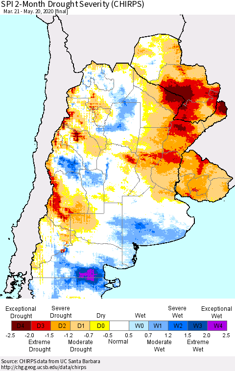 Southern South America SPI 2-Month Drought Severity (CHIRPS) Thematic Map For 3/21/2020 - 5/20/2020