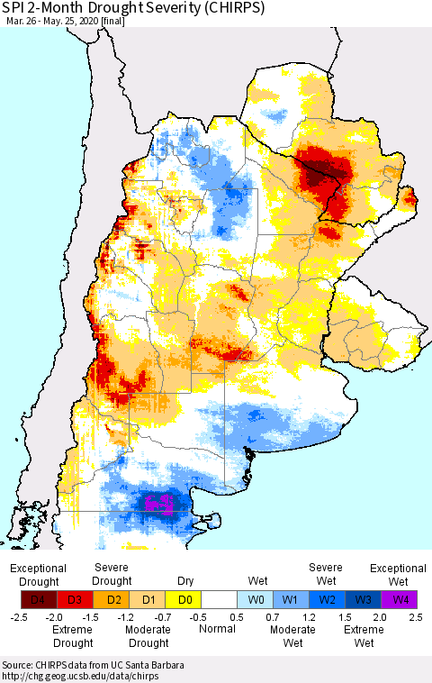 Southern South America SPI 2-Month Drought Severity (CHIRPS) Thematic Map For 3/26/2020 - 5/25/2020