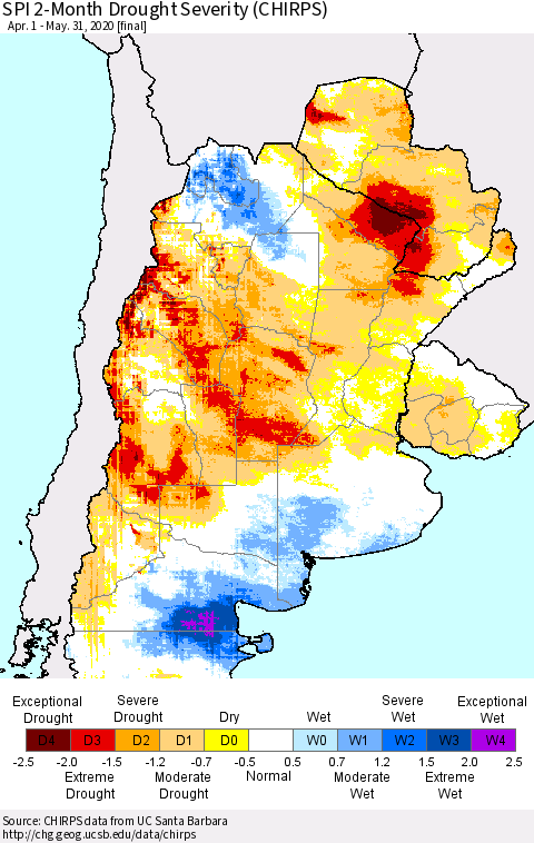Southern South America SPI 2-Month Drought Severity (CHIRPS) Thematic Map For 4/1/2020 - 5/31/2020