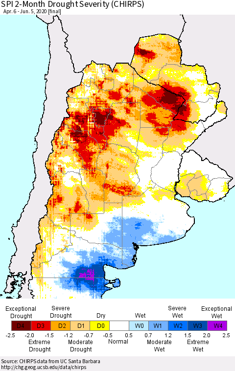 Southern South America SPI 2-Month Drought Severity (CHIRPS) Thematic Map For 4/6/2020 - 6/5/2020