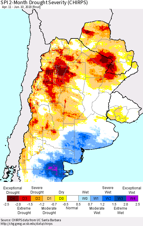 Southern South America SPI 2-Month Drought Severity (CHIRPS) Thematic Map For 4/11/2020 - 6/10/2020