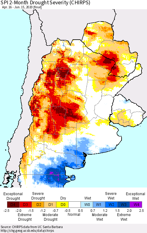 Southern South America SPI 2-Month Drought Severity (CHIRPS) Thematic Map For 4/16/2020 - 6/15/2020