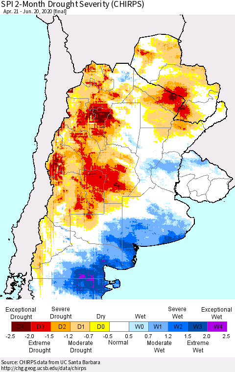 Southern South America SPI 2-Month Drought Severity (CHIRPS) Thematic Map For 4/21/2020 - 6/20/2020
