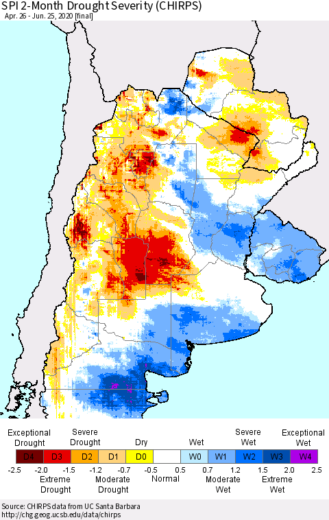 Southern South America SPI 2-Month Drought Severity (CHIRPS) Thematic Map For 4/26/2020 - 6/25/2020