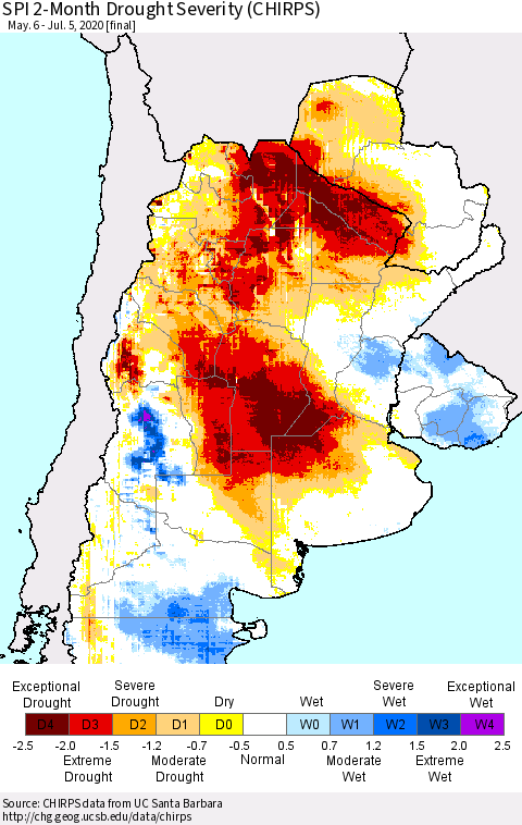 Southern South America SPI 2-Month Drought Severity (CHIRPS) Thematic Map For 5/6/2020 - 7/5/2020