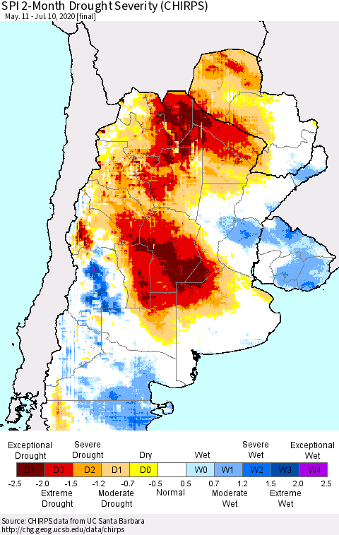Southern South America SPI 2-Month Drought Severity (CHIRPS) Thematic Map For 5/11/2020 - 7/10/2020