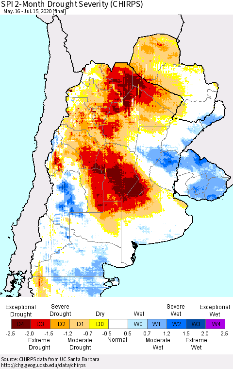 Southern South America SPI 2-Month Drought Severity (CHIRPS) Thematic Map For 5/16/2020 - 7/15/2020