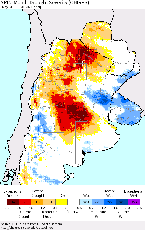 Southern South America SPI 2-Month Drought Severity (CHIRPS) Thematic Map For 5/21/2020 - 7/20/2020