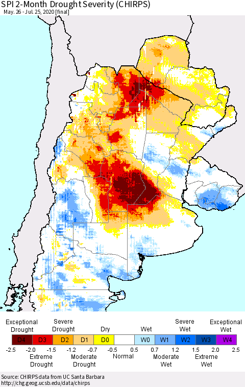 Southern South America SPI 2-Month Drought Severity (CHIRPS) Thematic Map For 5/26/2020 - 7/25/2020