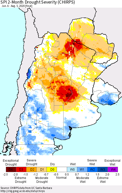 Southern South America SPI 2-Month Drought Severity (CHIRPS) Thematic Map For 6/6/2020 - 8/5/2020