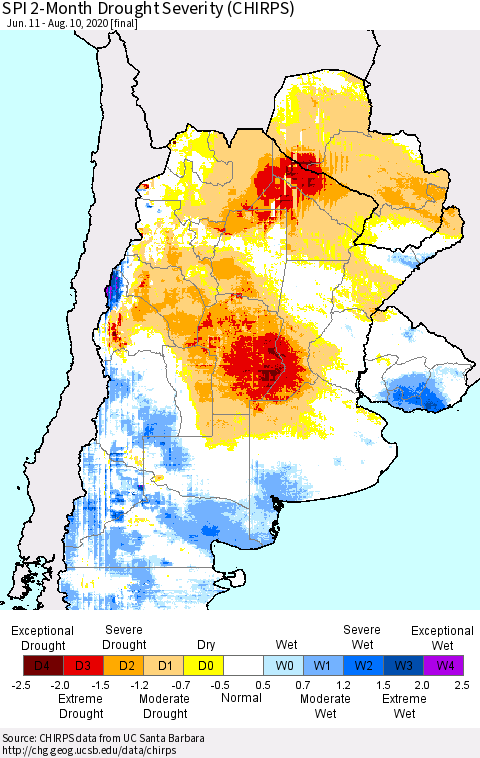 Southern South America SPI 2-Month Drought Severity (CHIRPS) Thematic Map For 6/11/2020 - 8/10/2020