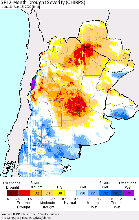 Southern South America SPI 2-Month Drought Severity (CHIRPS) Thematic Map For 6/16/2020 - 8/15/2020