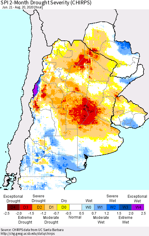 Southern South America SPI 2-Month Drought Severity (CHIRPS) Thematic Map For 6/21/2020 - 8/20/2020