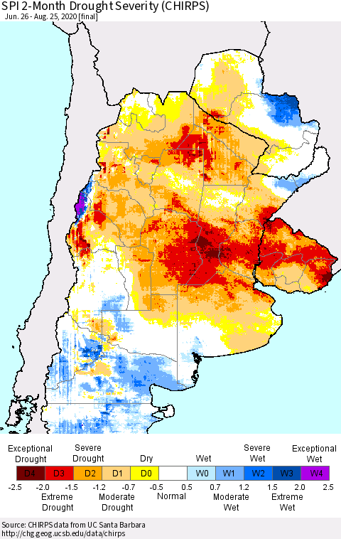 Southern South America SPI 2-Month Drought Severity (CHIRPS) Thematic Map For 6/26/2020 - 8/25/2020