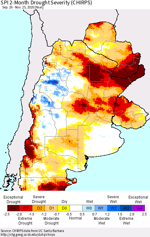 Southern South America SPI 2-Month Drought Severity (CHIRPS) Thematic Map For 9/26/2020 - 11/25/2020