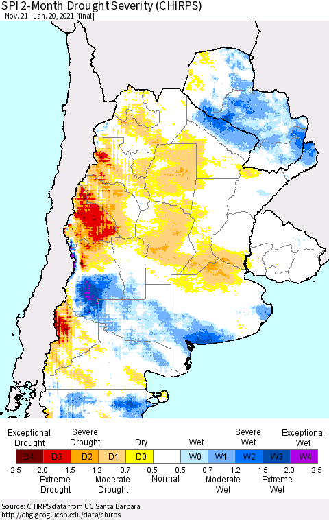 Southern South America SPI 2-Month Drought Severity (CHIRPS) Thematic Map For 11/21/2020 - 1/20/2021