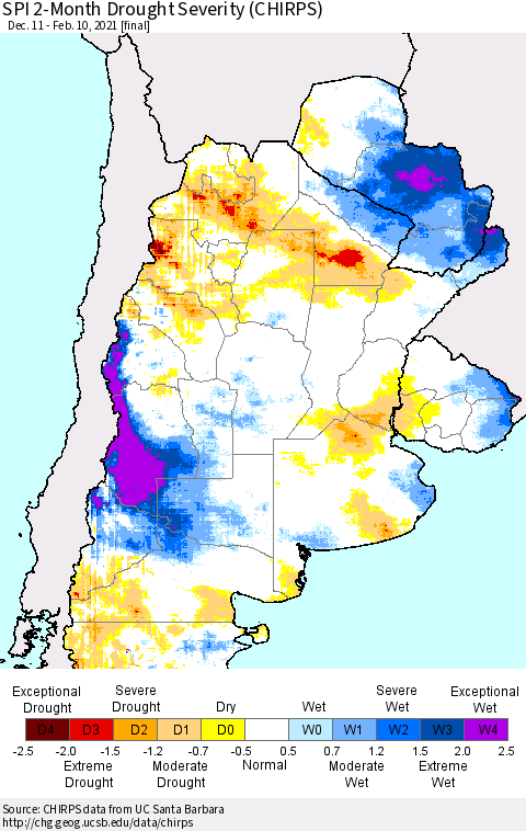 Southern South America SPI 2-Month Drought Severity (CHIRPS) Thematic Map For 12/11/2020 - 2/10/2021