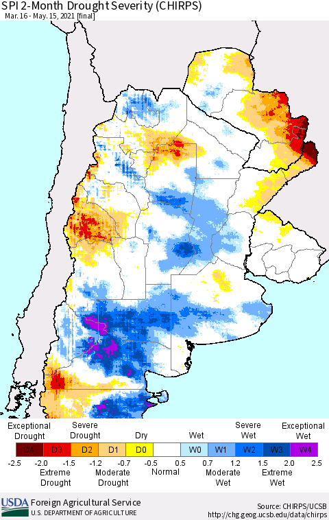 Southern South America SPI 2-Month Drought Severity (CHIRPS) Thematic Map For 3/16/2021 - 5/15/2021