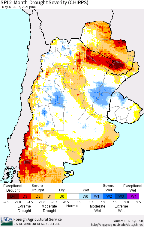 Southern South America SPI 2-Month Drought Severity (CHIRPS) Thematic Map For 5/6/2021 - 7/5/2021