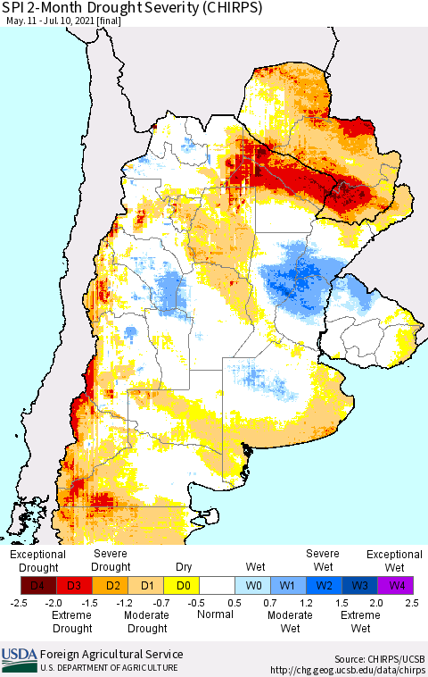 Southern South America SPI 2-Month Drought Severity (CHIRPS) Thematic Map For 5/11/2021 - 7/10/2021