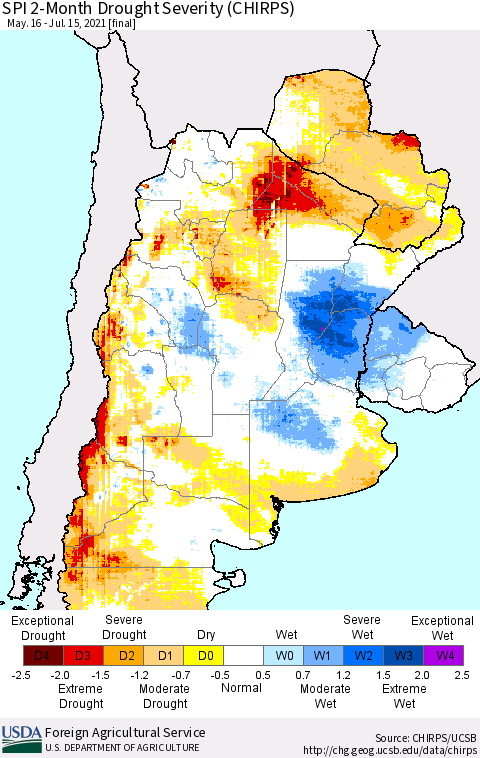 Southern South America SPI 2-Month Drought Severity (CHIRPS) Thematic Map For 5/16/2021 - 7/15/2021