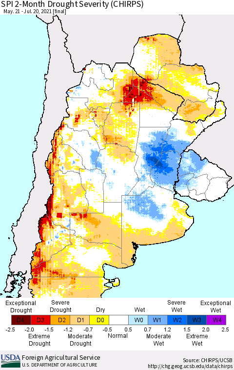 Southern South America SPI 2-Month Drought Severity (CHIRPS) Thematic Map For 5/21/2021 - 7/20/2021