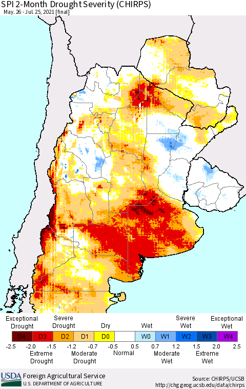 Southern South America SPI 2-Month Drought Severity (CHIRPS) Thematic Map For 5/26/2021 - 7/25/2021