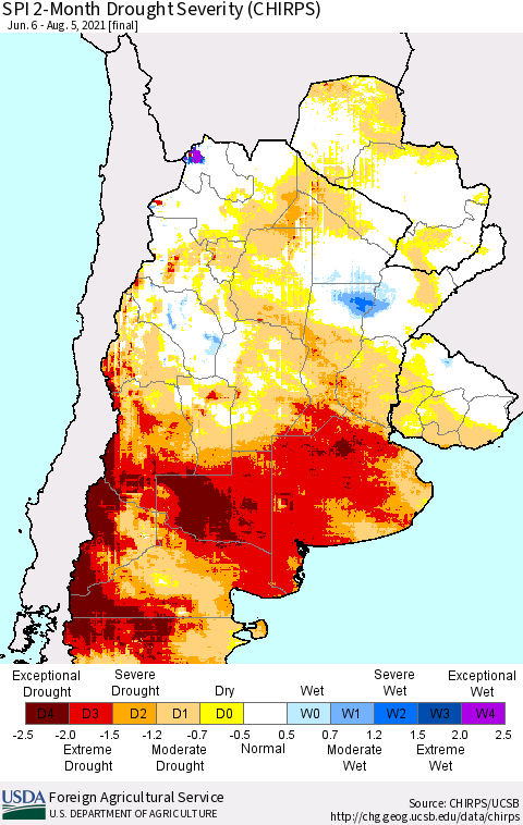 Southern South America SPI 2-Month Drought Severity (CHIRPS) Thematic Map For 6/6/2021 - 8/5/2021