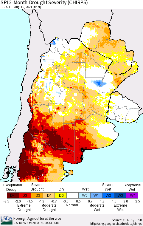 Southern South America SPI 2-Month Drought Severity (CHIRPS) Thematic Map For 6/11/2021 - 8/10/2021