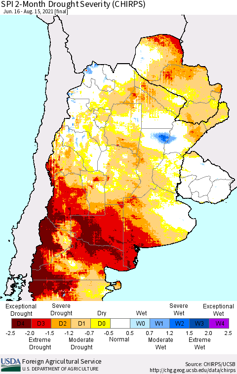 Southern South America SPI 2-Month Drought Severity (CHIRPS) Thematic Map For 6/16/2021 - 8/15/2021