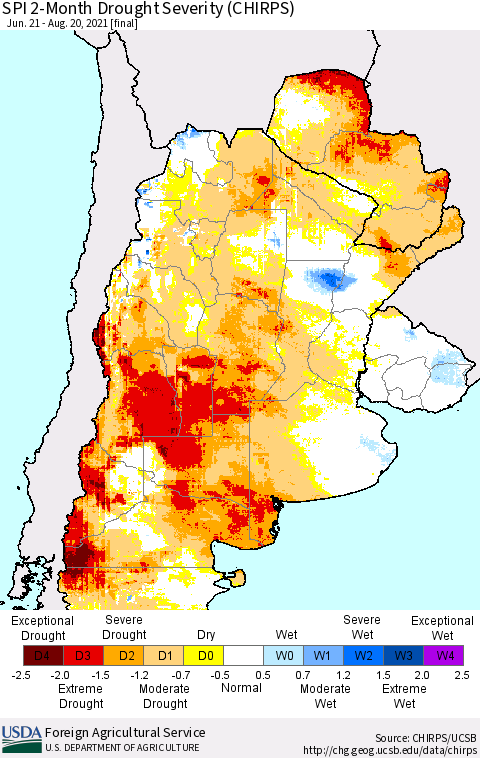 Southern South America SPI 2-Month Drought Severity (CHIRPS) Thematic Map For 6/21/2021 - 8/20/2021