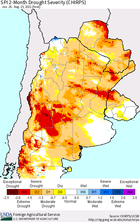 Southern South America SPI 2-Month Drought Severity (CHIRPS) Thematic Map For 6/26/2021 - 8/25/2021