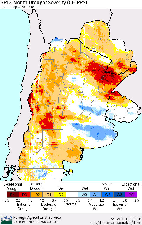 Southern South America SPI 2-Month Drought Severity (CHIRPS) Thematic Map For 7/6/2021 - 9/5/2021