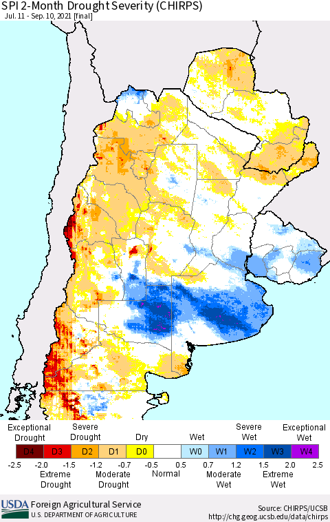 Southern South America SPI 2-Month Drought Severity (CHIRPS) Thematic Map For 7/11/2021 - 9/10/2021