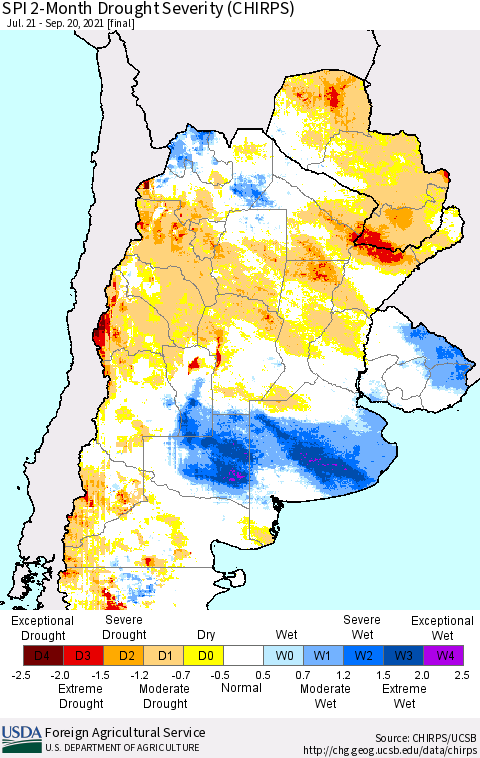 Southern South America SPI 2-Month Drought Severity (CHIRPS) Thematic Map For 7/21/2021 - 9/20/2021