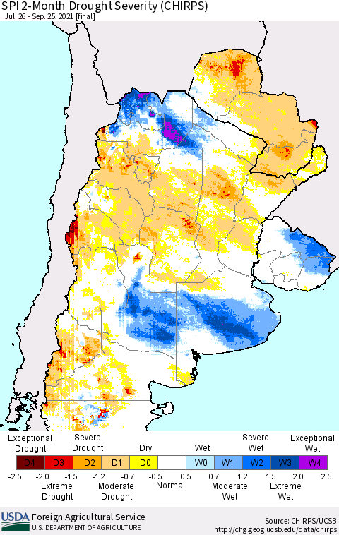 Southern South America SPI 2-Month Drought Severity (CHIRPS) Thematic Map For 7/26/2021 - 9/25/2021