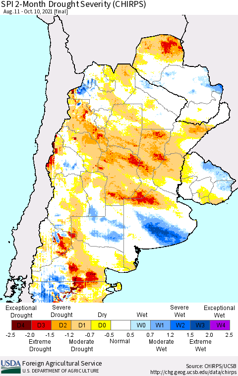 Southern South America SPI 2-Month Drought Severity (CHIRPS) Thematic Map For 8/11/2021 - 10/10/2021