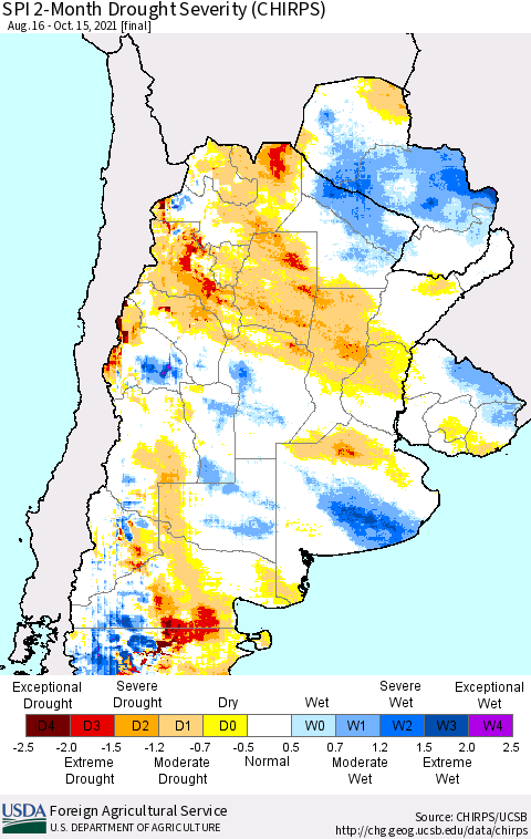 Southern South America SPI 2-Month Drought Severity (CHIRPS) Thematic Map For 8/16/2021 - 10/15/2021