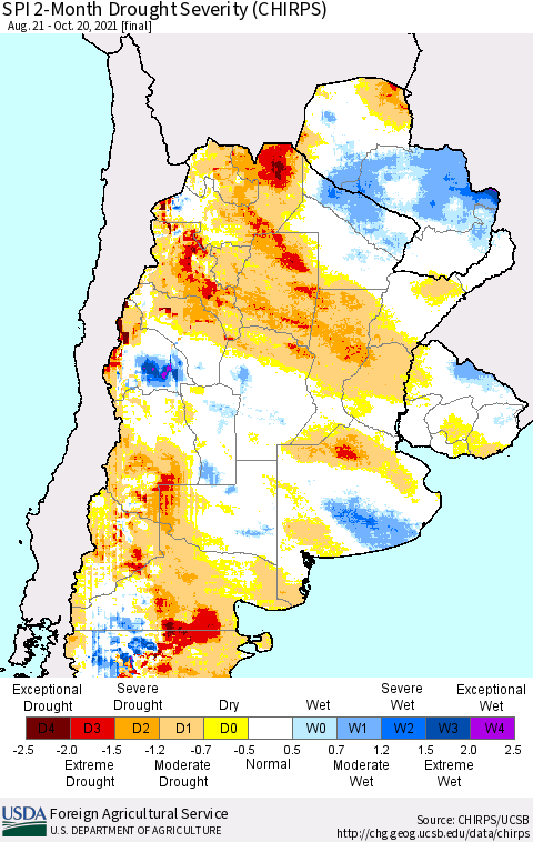 Southern South America SPI 2-Month Drought Severity (CHIRPS) Thematic Map For 8/21/2021 - 10/20/2021