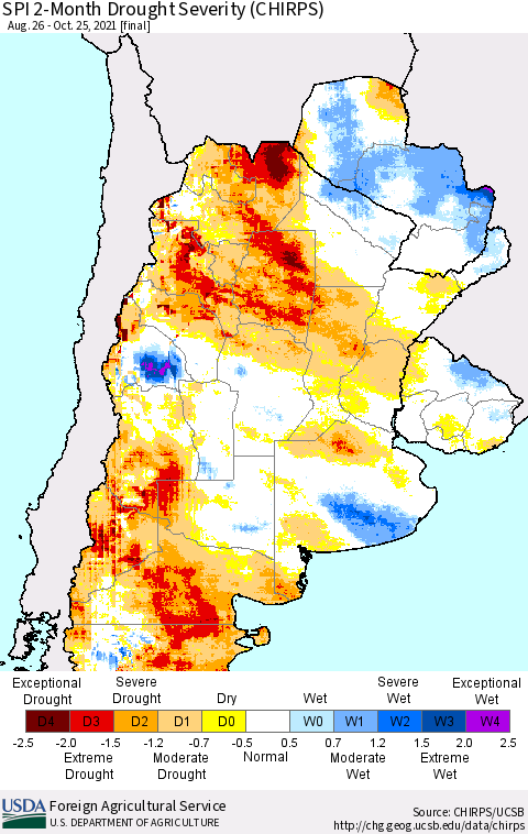 Southern South America SPI 2-Month Drought Severity (CHIRPS) Thematic Map For 8/26/2021 - 10/25/2021