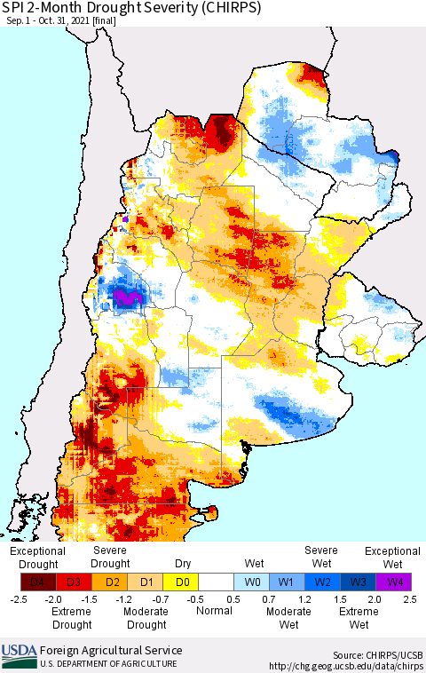 Southern South America SPI 2-Month Drought Severity (CHIRPS) Thematic Map For 9/1/2021 - 10/31/2021