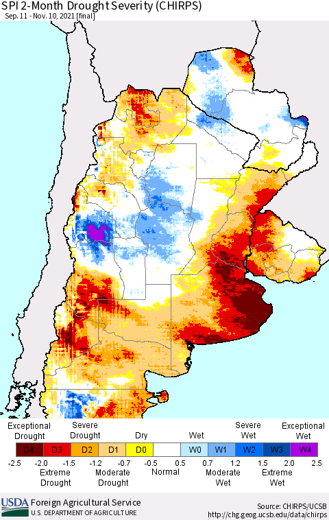 Southern South America SPI 2-Month Drought Severity (CHIRPS) Thematic Map For 9/11/2021 - 11/10/2021