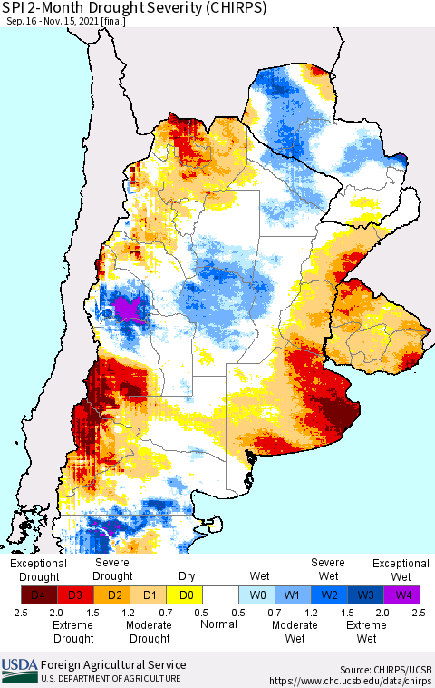 Southern South America SPI 2-Month Drought Severity (CHIRPS) Thematic Map For 9/16/2021 - 11/15/2021