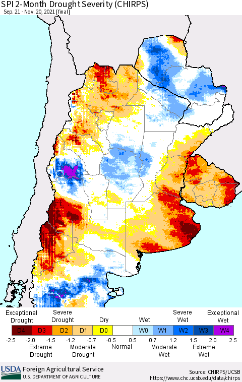 Southern South America SPI 2-Month Drought Severity (CHIRPS) Thematic Map For 9/21/2021 - 11/20/2021