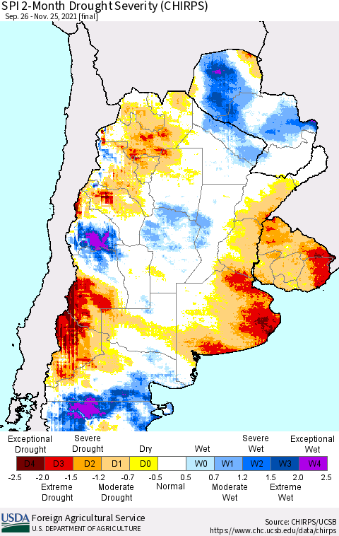 Southern South America SPI 2-Month Drought Severity (CHIRPS) Thematic Map For 9/26/2021 - 11/25/2021