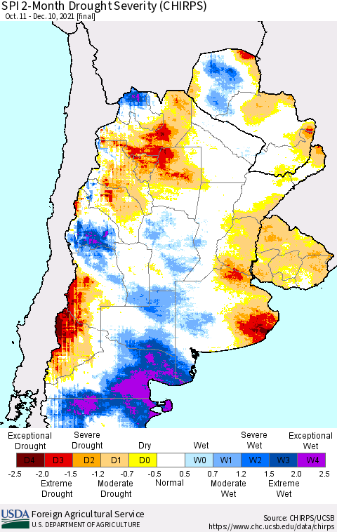 Southern South America SPI 2-Month Drought Severity (CHIRPS) Thematic Map For 10/11/2021 - 12/10/2021