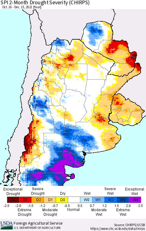 Southern South America SPI 2-Month Drought Severity (CHIRPS) Thematic Map For 10/16/2021 - 12/15/2021