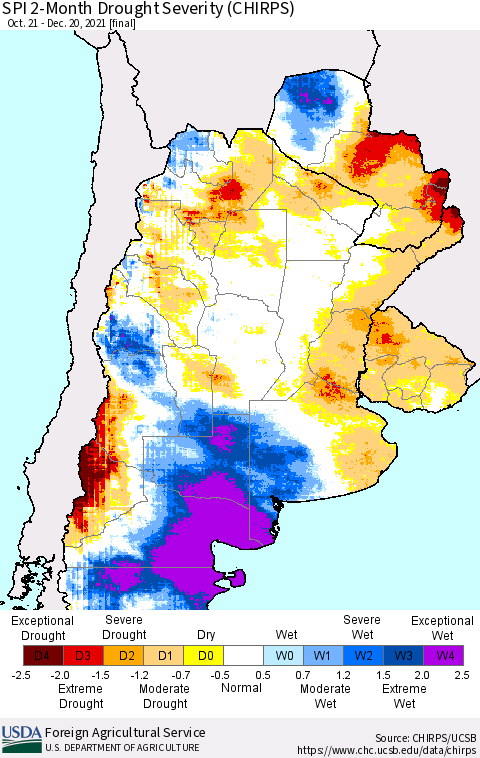 Southern South America SPI 2-Month Drought Severity (CHIRPS) Thematic Map For 10/21/2021 - 12/20/2021
