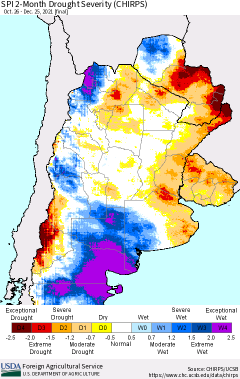 Southern South America SPI 2-Month Drought Severity (CHIRPS) Thematic Map For 10/26/2021 - 12/25/2021