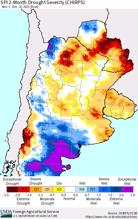 Southern South America SPI 2-Month Drought Severity (CHIRPS) Thematic Map For 11/1/2021 - 12/31/2021
